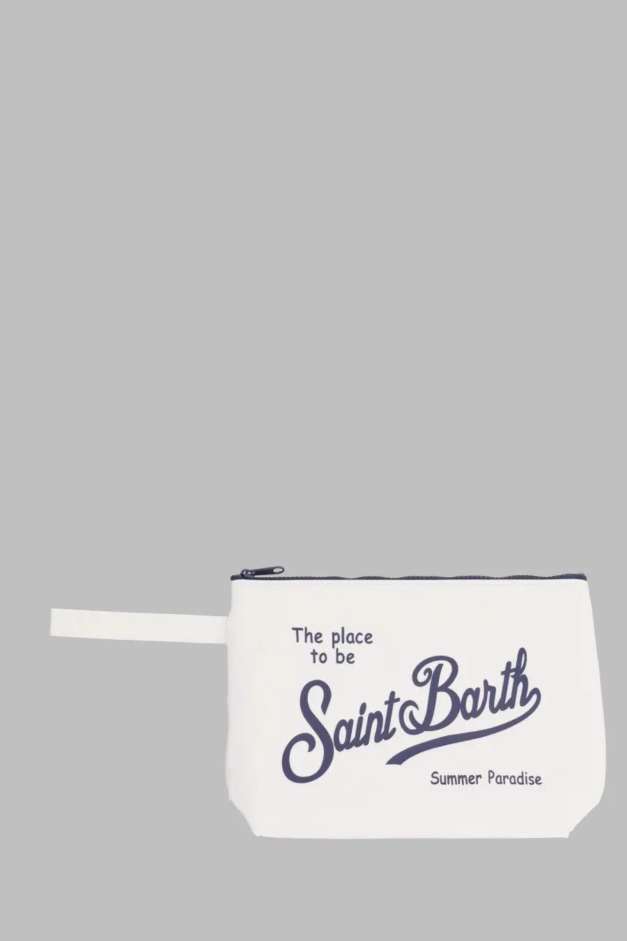 White canvas linen pouch with navy blue saint barth summer paradise script and zipper closure from mc2 saint barth