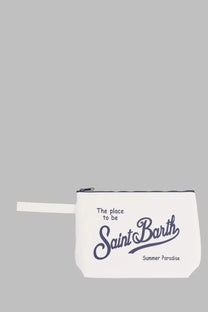 White canvas linen pouch with navy blue saint barth summer paradise script and zipper closure from mc2 saint barth