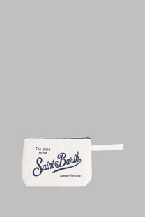 Mc2 Saint Barth men’s pochette Aline in white linen canvas with navy blue cursive lettering and matching zipper