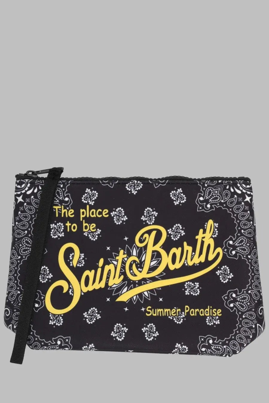 Black clutch pochette with white bandana pattern and bold yellow saint barth summer paradise text by mc2 saint barth