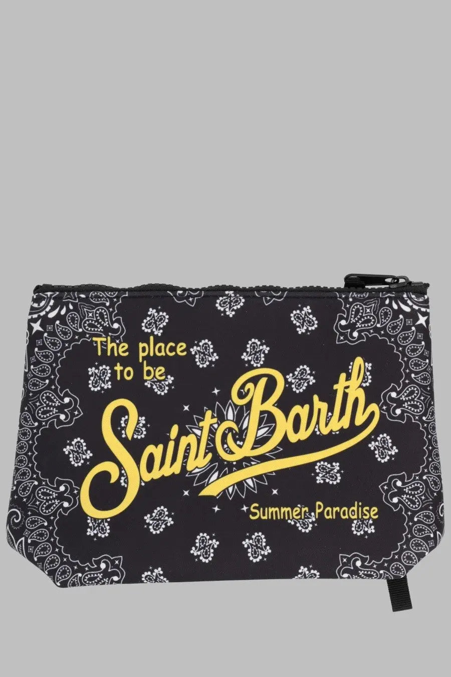 Mc2 Saint Barth men’s pochette Aline multicolor black zippered pouch with white bandana pattern and yellow text