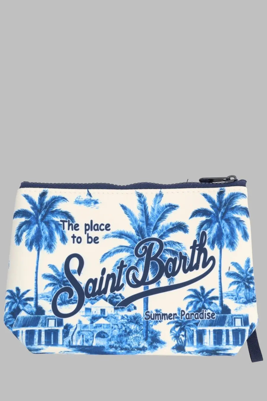 Cream-colored zippered pouch with blue tropical palm tree print and saint barth summer paradise text by mc2 saint barth