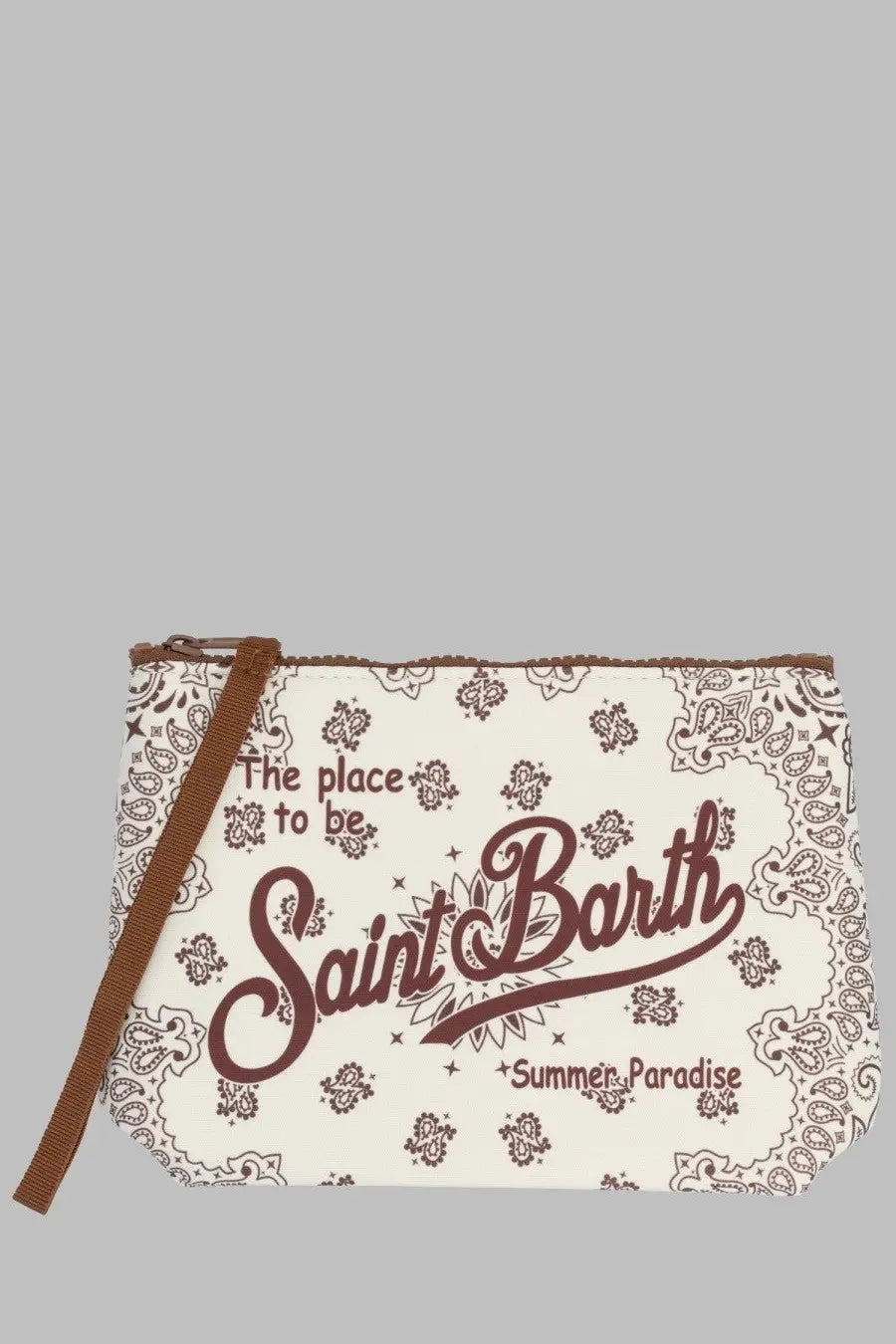 Mc2 saint barth men’s cream canvas clutch with brown bandana print and maroon saint barth summer paradise script