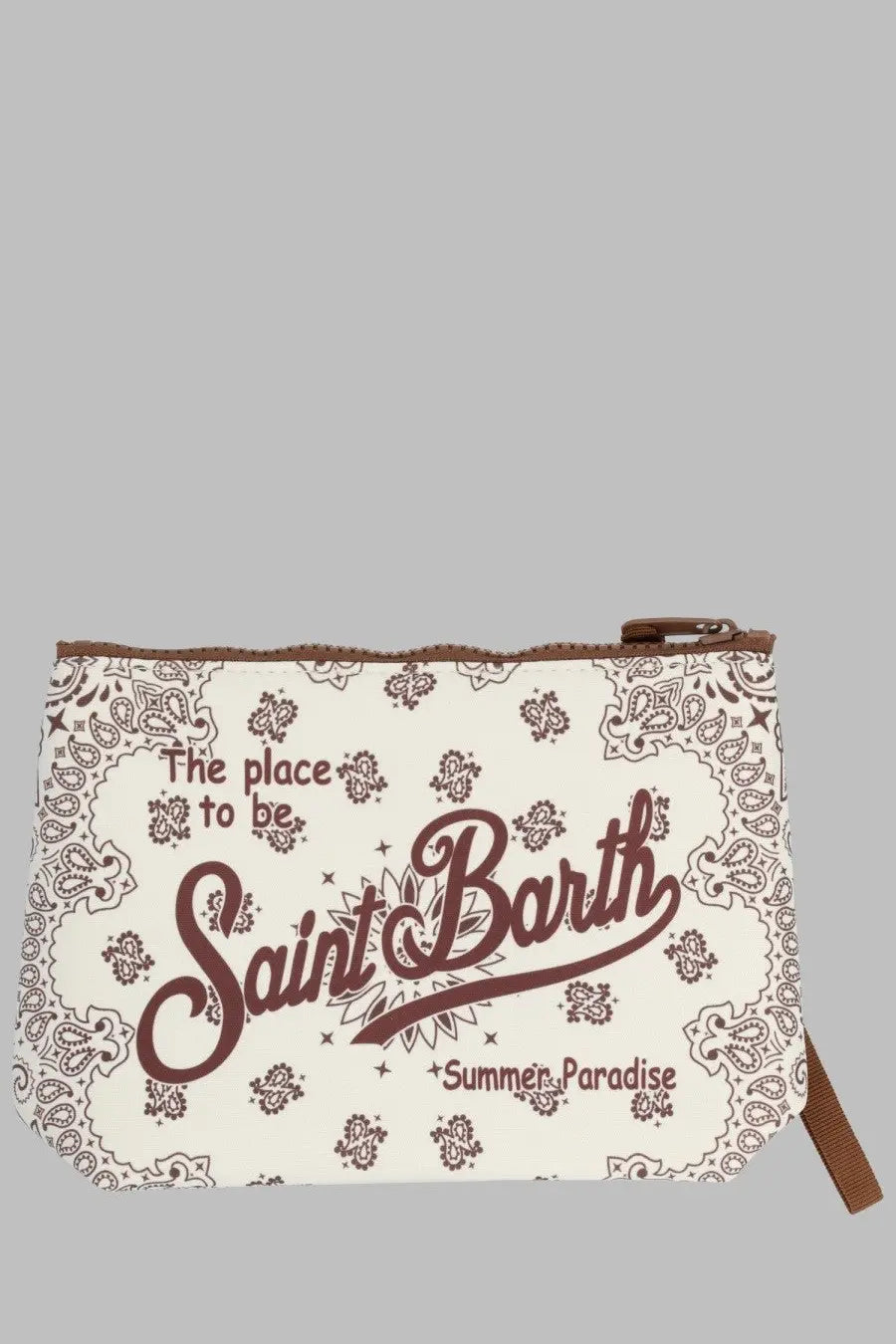 Cream-colored mc2 saint barth men’s pochette aline pouch with brown bandana print and maroon summer paradise text
