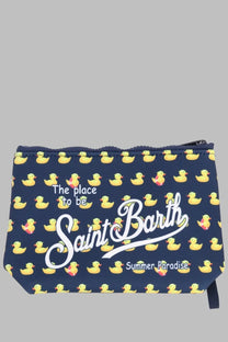 Navy blue Mc2 Saint Barth men’s zippered pochette pouch with yellow rubber duck pattern and white summer paradise text