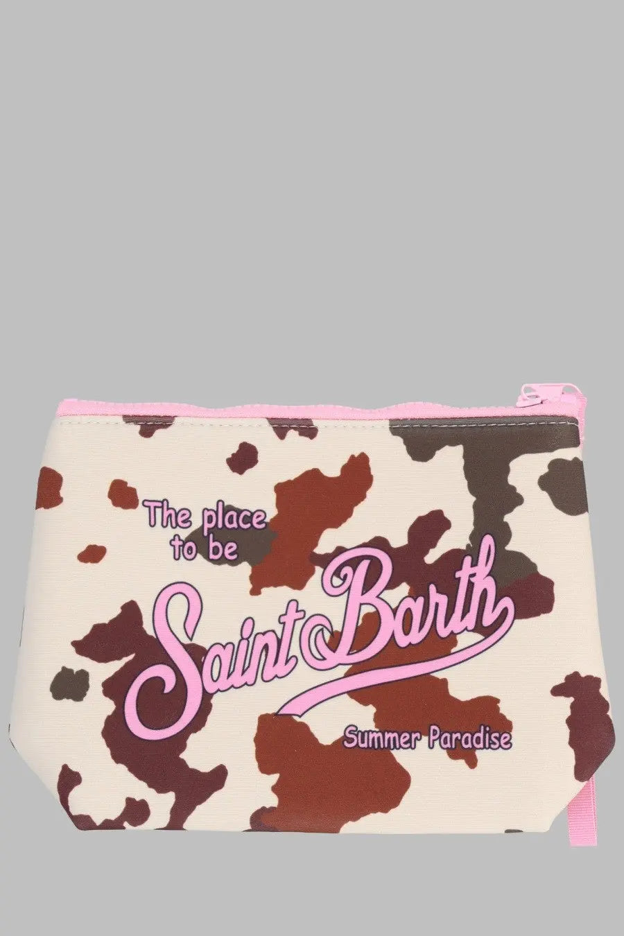 Mc2 Saint Barth men’s pochette Aline multicolor cosmetic bag with pink and brown cow print and saint barth summer paradise text
