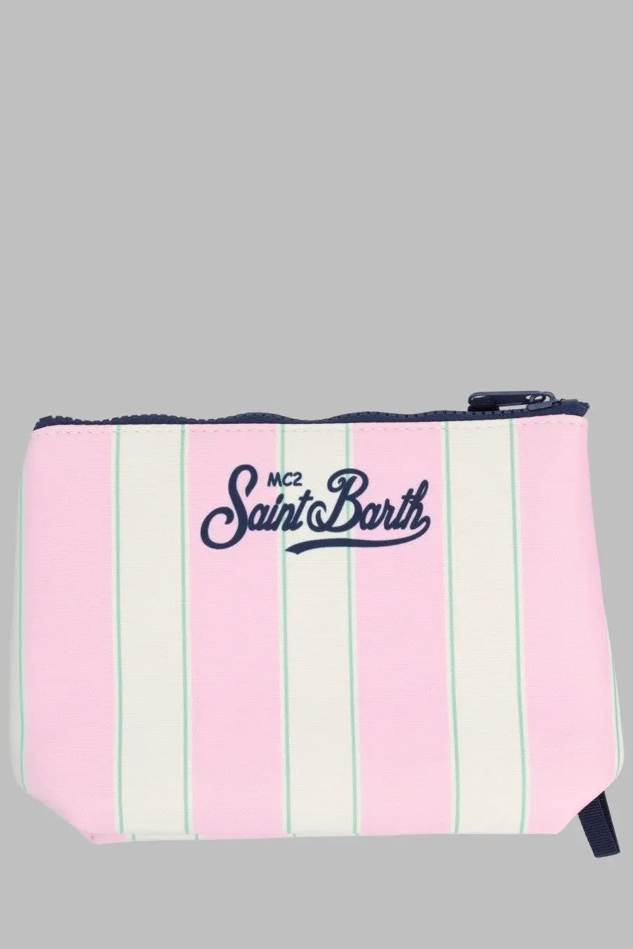 Mc2 saint barth men’s pochette aline multicolor toiletry bag with pink cream and mint green stripes and navy logo embroidery