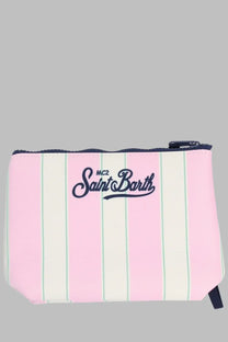 Mc2 saint barth men’s pochette aline multicolor toiletry bag with pink cream and mint green stripes and navy logo embroidery