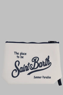 Mc2 Saint Barth men’s white canvas pochette aline with navy blue zipper and embroidered saint barth summer paradise text