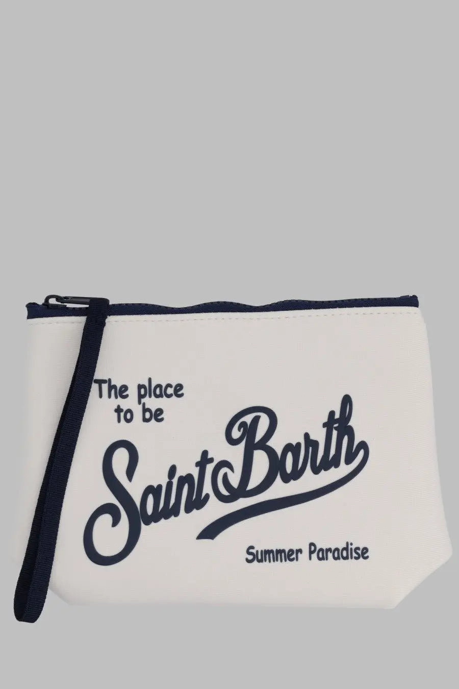 Mc2 saint barth men’s pochette aline white canvas wristlet with navy blue zipper trim strap and bold saint barth summer paradise script