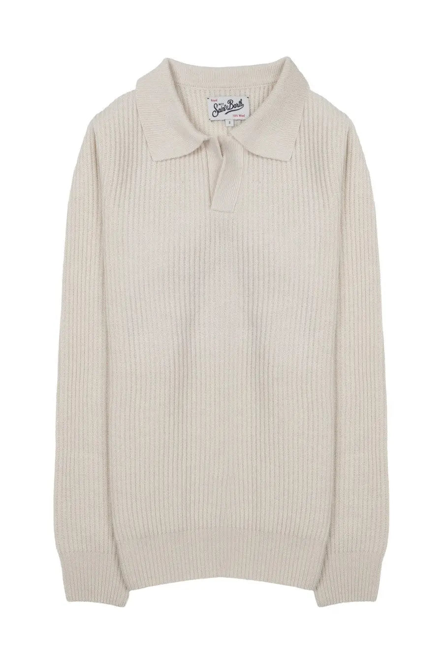 Cream-colored ribbed knit polo sweater with classic collar and button placket by Mc2 Saint Barth in beige