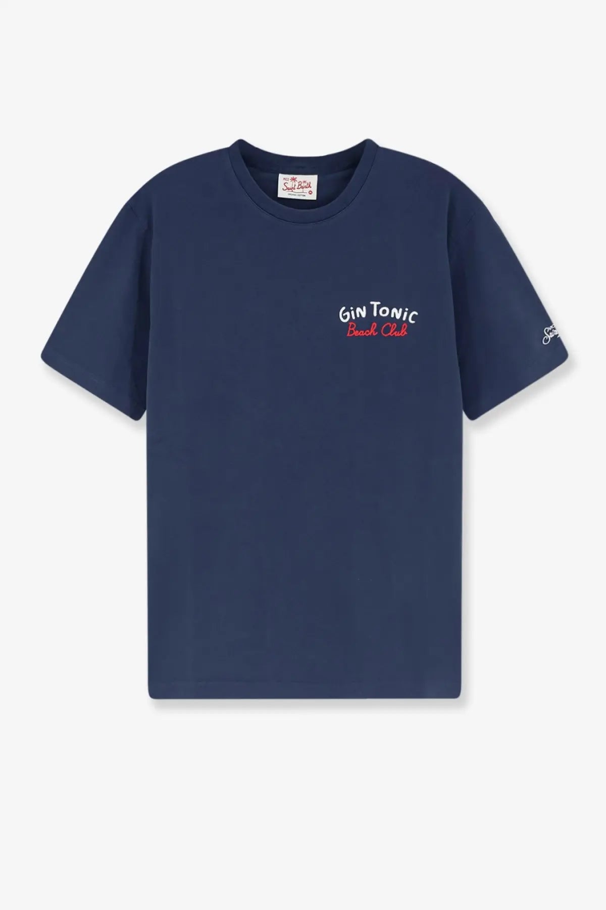 Navy blue mc2 saint barth men’s portland short-sleeved cotton shirt with gin tonic beach club embroidered on chest