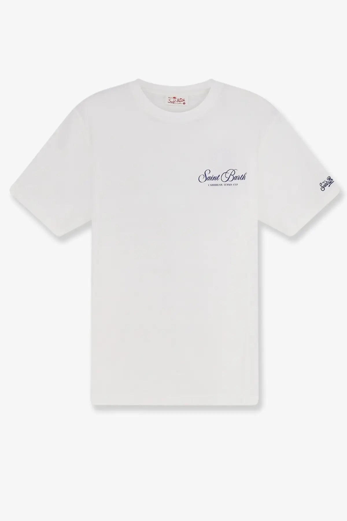 White mc2 saint barth men’s portland cotton t-shirt with subtle navy blue christian louboutin script embroidery on chest and sleeve