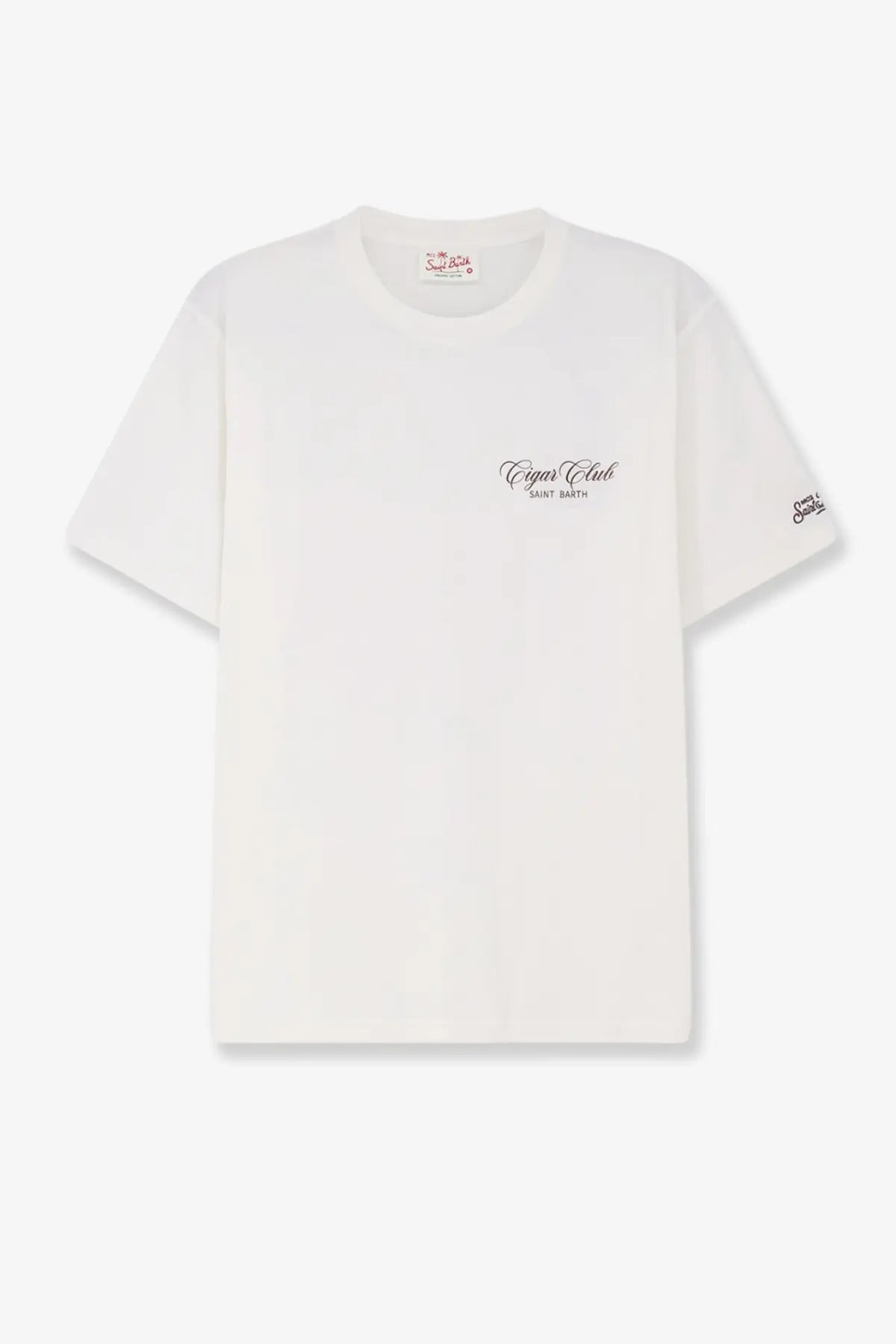 Mc2 Saint Barth men’s white Portland organic cotton t-shirt with black cursive embroidery and logo patch on sleeve