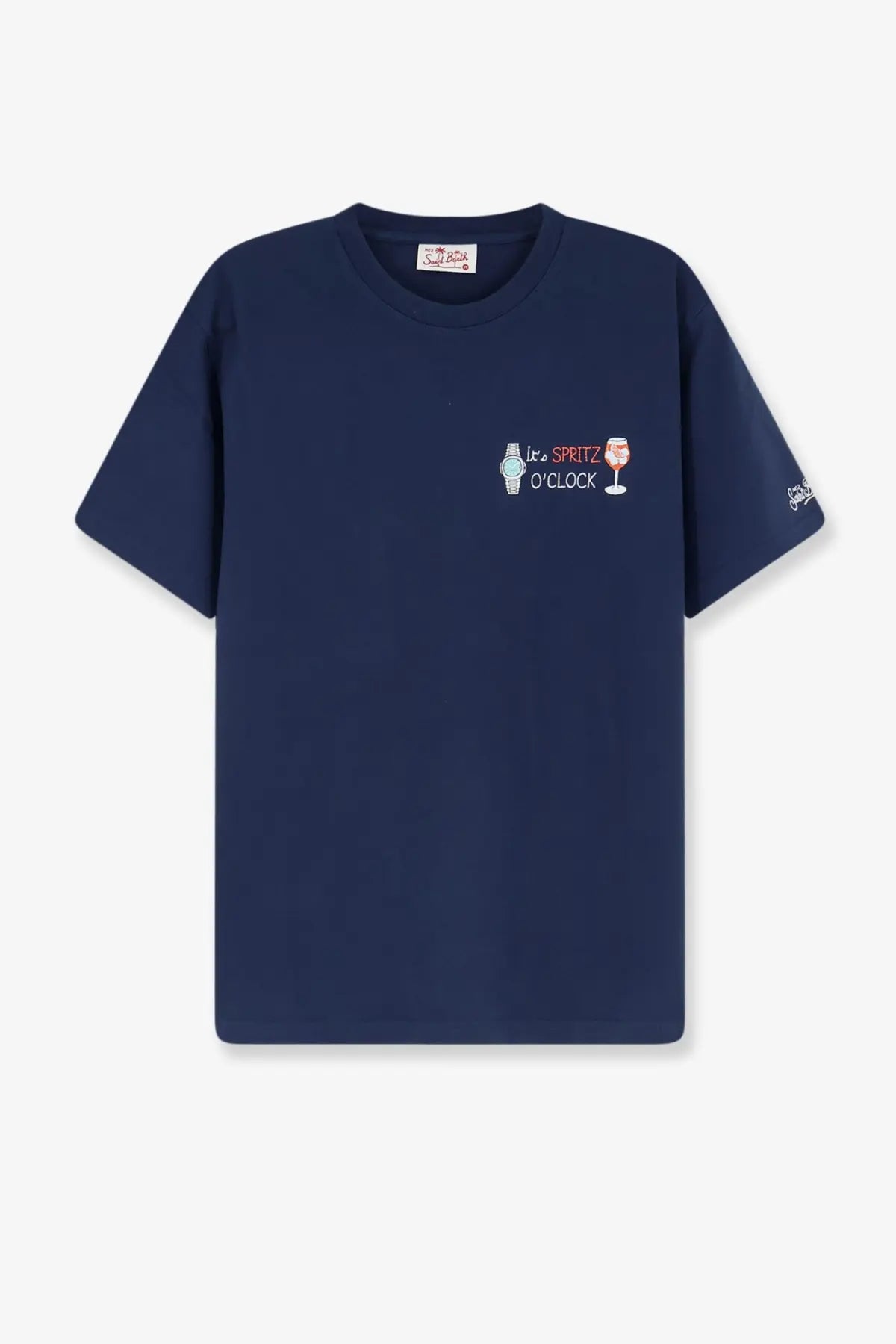 Navy blue Mc2 Saint Barth men’s Portofino cotton shirt with embroidered watch and wine glass design on chest