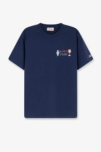 Navy blue Mc2 Saint Barth men’s Portofino cotton shirt with embroidered watch and wine glass design on chest