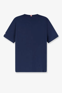 Navy blue Mc2 Saint Barth men’s Portofino short-sleeved cotton t-shirt with a small red and white logo at neckline