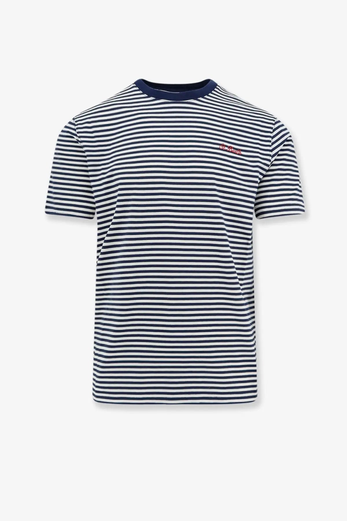 Mc2 Saint Barth men’s Portofino cotton shirt in blue with navy and white stripes navy ribbed crew neck and red logo