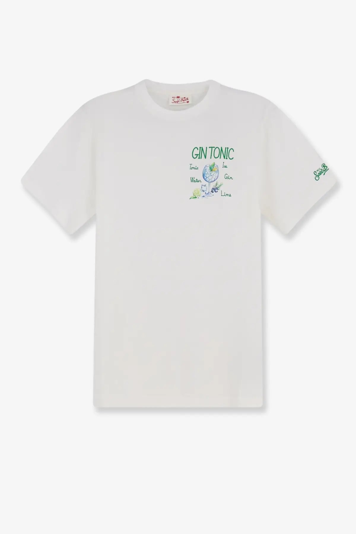 Mc2 Saint Barth men’s white cotton Portofino t-shirt with green and blue gin tonic graphic and illustrations