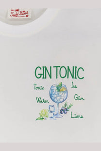 White cotton Mc2 Saint Barth men’s Portofino shirt with green embroidered gin tonic graphic and ingredient labels