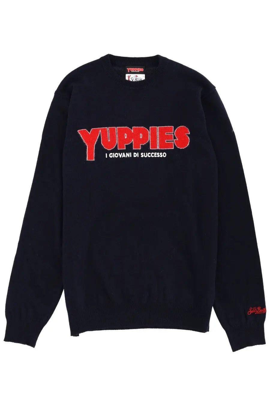 Mc2 Saint Barth men’s black sweatshirt with bold red yuppies lettering and smaller white text featuring a crew neck design