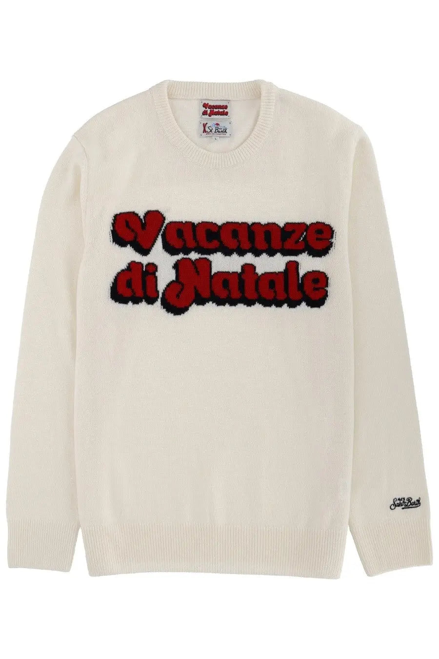 Mc2 Saint Barth men’s cream-colored knit sweater with bold red and black embroidered vacanze di natale text