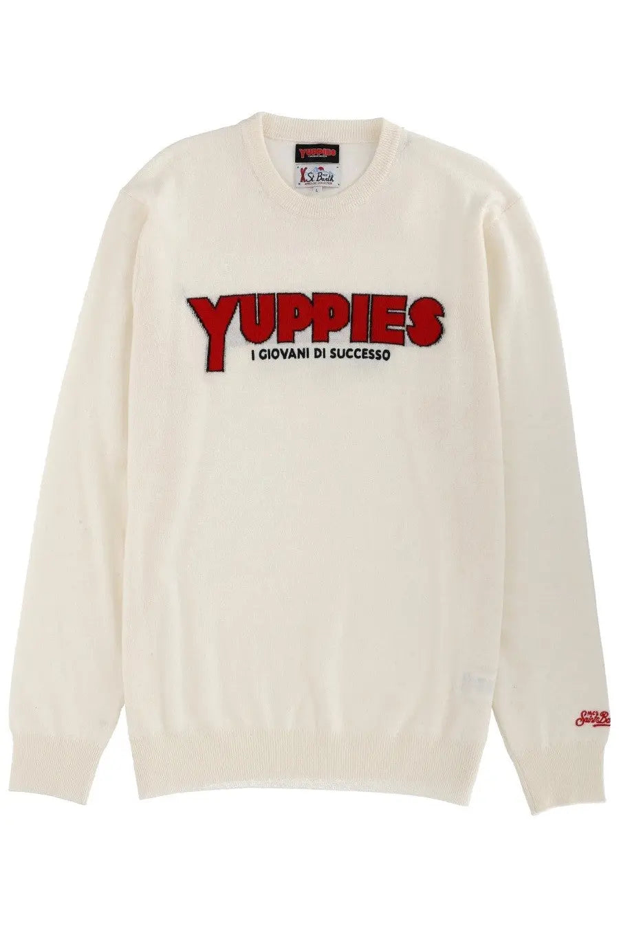 Cream-colored knit sweater by Mc2 Saint Barth featuring bold red yuppies embroidery with black outline and smaller text below