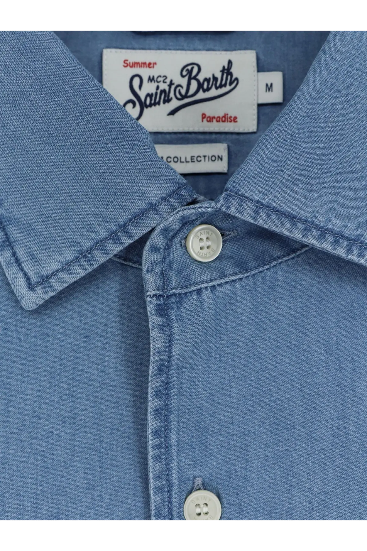 Blue denim button-up shirt with silver buttons and white saint barth label mc2 saint barth men’s raphael light denim shirt blue