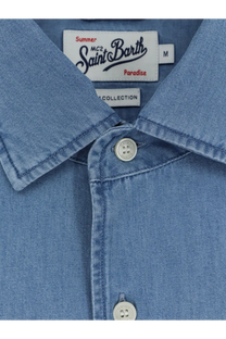 Blue denim button-up shirt with silver buttons and white saint barth label mc2 saint barth men’s raphael light denim shirt blue