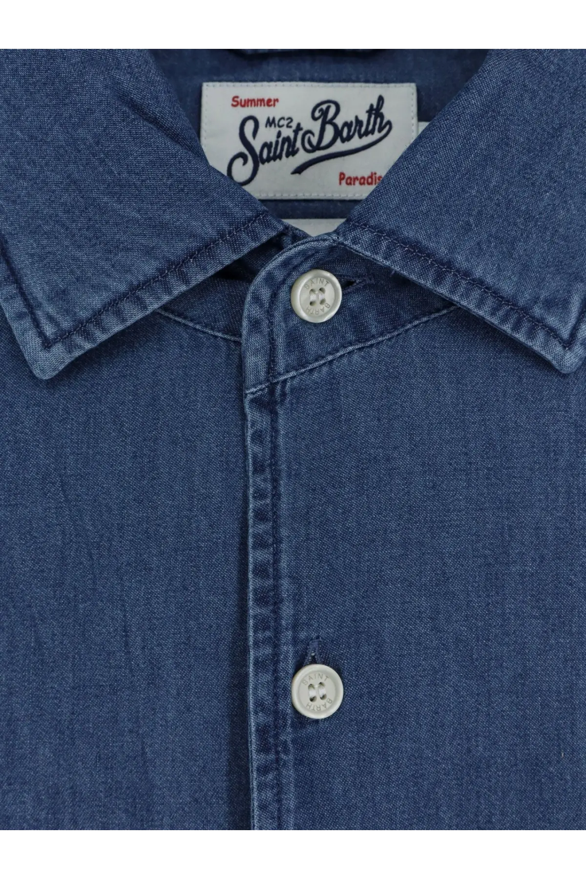 Mc2 Saint Barth men’s raphael light denim shirt in blue with silver buttons and a white saint barth label