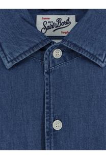Mc2 Saint Barth men’s raphael light denim shirt in blue with silver buttons and a white saint barth label