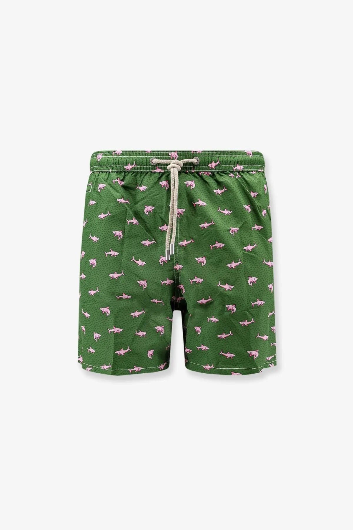 Mc2 Saint Barth men’s recycled material green swim trunks with pink shark pattern and beige drawstring waistband