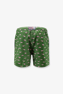 Green swim trunks with pink shark pattern and elastic waistband by mc2 saint barth made from recycled material