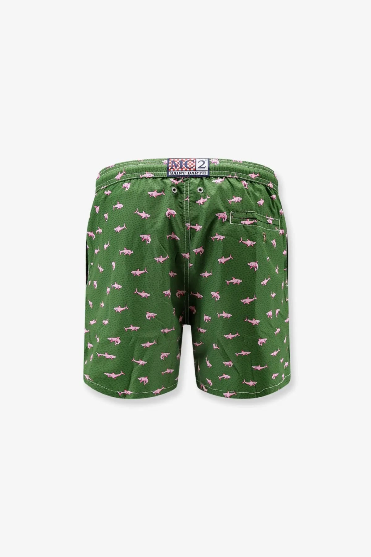 Mc2 Saint Barth men’s recycled green swim trunks with pink shark pattern and elastic waistband label