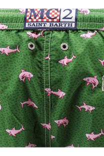 Mc2 Saint Barth men’s blue recycled material swim trunks with green fabric and pink shark pattern and brand label
