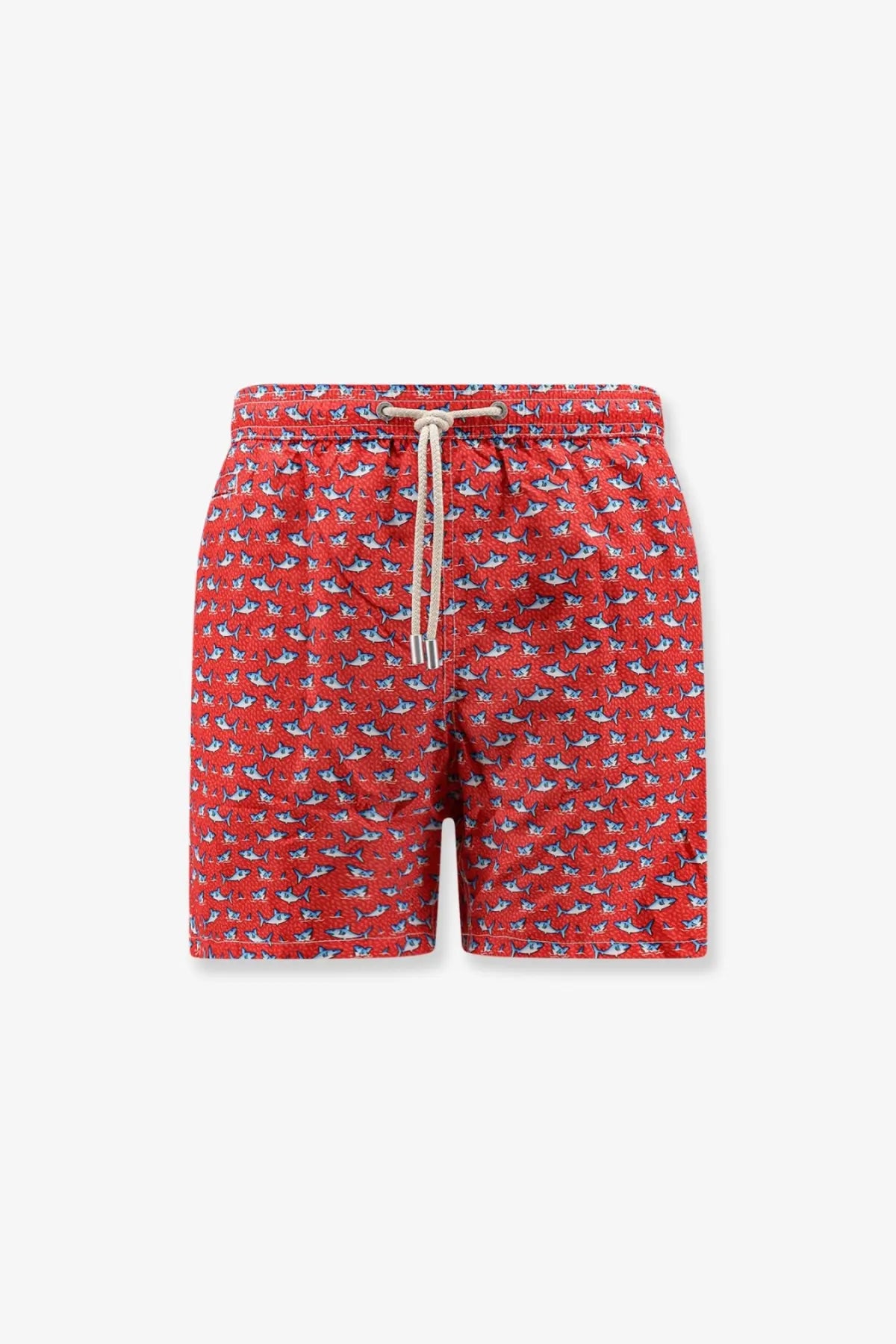 Mc2 saint barth men’s recycled polyester red swim trunks with white and gray shark pattern and matching drawstrings