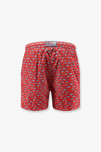 Mc2 Saint Barth men’s red recycled polyester swim trunks with white and gray shark pattern and branded waistband label