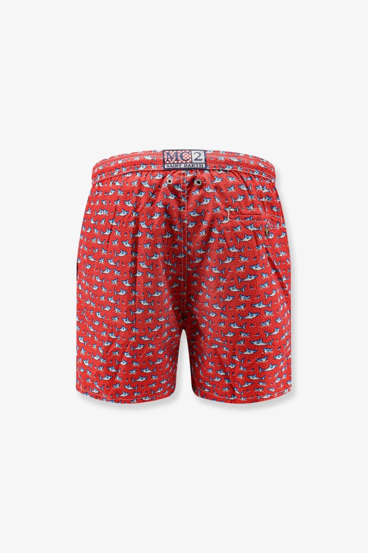 Mc2 saint barth men’s red recycled polyester swim trunks with a repeating white and gray shark pattern and branded waistband
