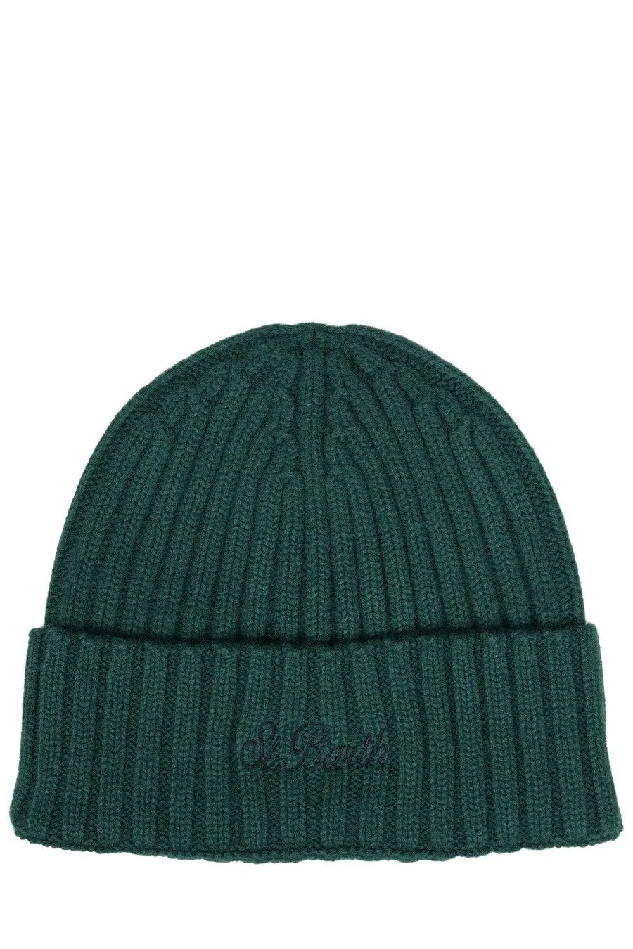 Dark green ribbed knit beanie with folded cuff and subtle embroidered logo from mc2 saint barth mens ribbed hat collection