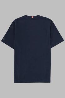 Dark navy blue short-sleeved cotton t-shirt with small white logo on left sleeve and red pixelated tag at neckline by mc2 saint barth