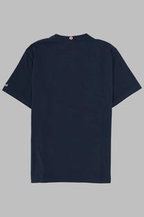 Mc2 Saint Barth men’s dark navy blue short-sleeved shirt with small white logo on left sleeve and red and white neckline tag