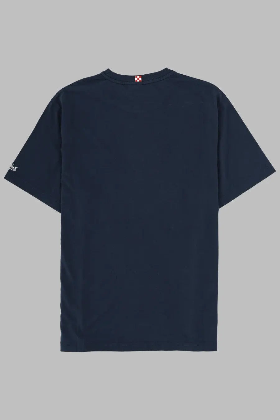 Mc2 saint barth men’s dark navy blue short-sleeved shirt with small white sleeve logo and red white neckline tag
