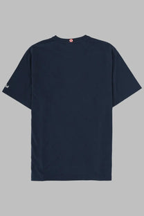 Mc2 saint barth men’s dark navy blue short-sleeved shirt with small white sleeve logo and red white neckline tag