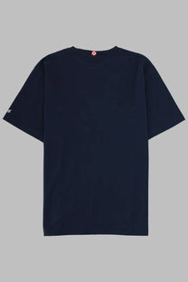 Mc2 saint barth men’s dark navy blue short-sleeved t-shirt with subtle white logo on sleeve and neckline