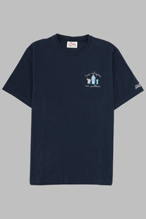 Navy blue Mc2 Saint Barth men’s short-sleeved shirt with embroidered cocktail glasses and cocktail solutions not problems text
