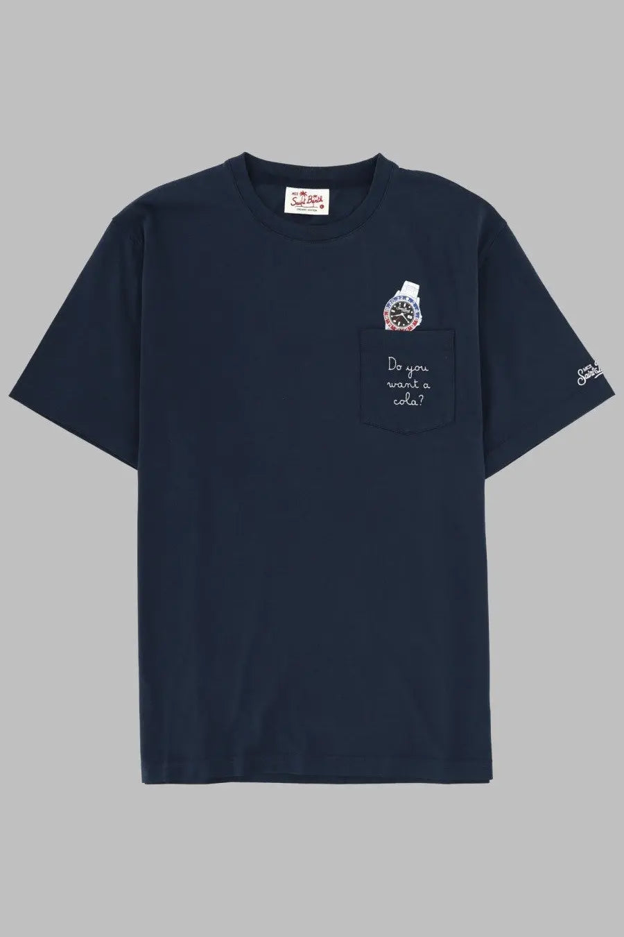 Navy blue short-sleeved cotton t-shirt by mc2 saint barth with embroidered watch pocket and do you want a cola text
