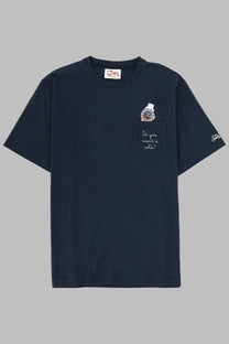 Navy blue short-sleeved cotton t-shirt by mc2 saint barth with embroidered watch pocket and do you want a cola text