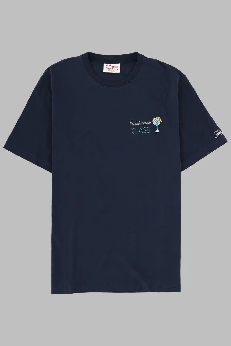 Navy blue Mc2 Saint Barth men’s short-sleeved shirt with embroidered business glass text and cocktail glass graphic