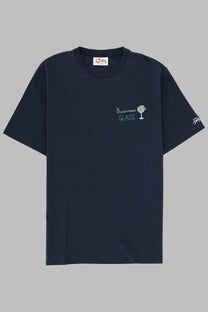 Navy blue Mc2 Saint Barth men’s short-sleeved shirt with embroidered business glass text and cocktail glass graphic