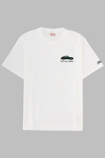 White cotton t-shirt with black embroidered porsche 914-5 and punto del carrera text by mc2 saint barth men